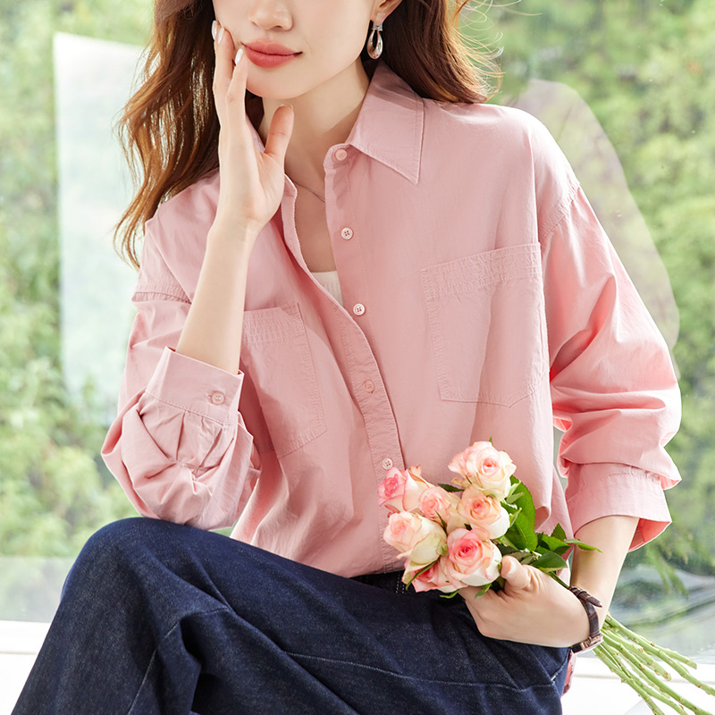 粉色衬衫女长袖2025春秋季新款加厚上衣韩版宽松纯棉休闲衬衣时尚，女装衬衫，可风各