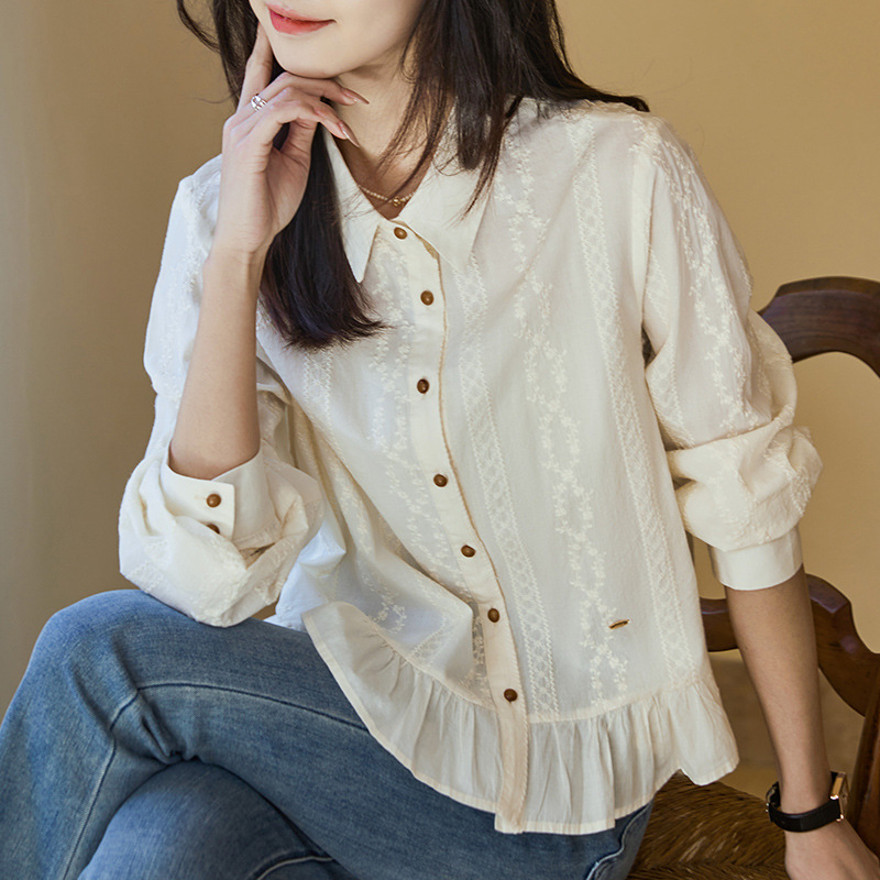 重工蕾丝绣花拼裙边下摆POLO领长袖衬衫女2025春季甜美百搭衬衣，女装衬衫，可风各