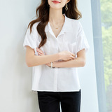 时尚百搭白色翻领双口袋短袖衬衫显瘦宽松上衣，女装衬衫，可风各