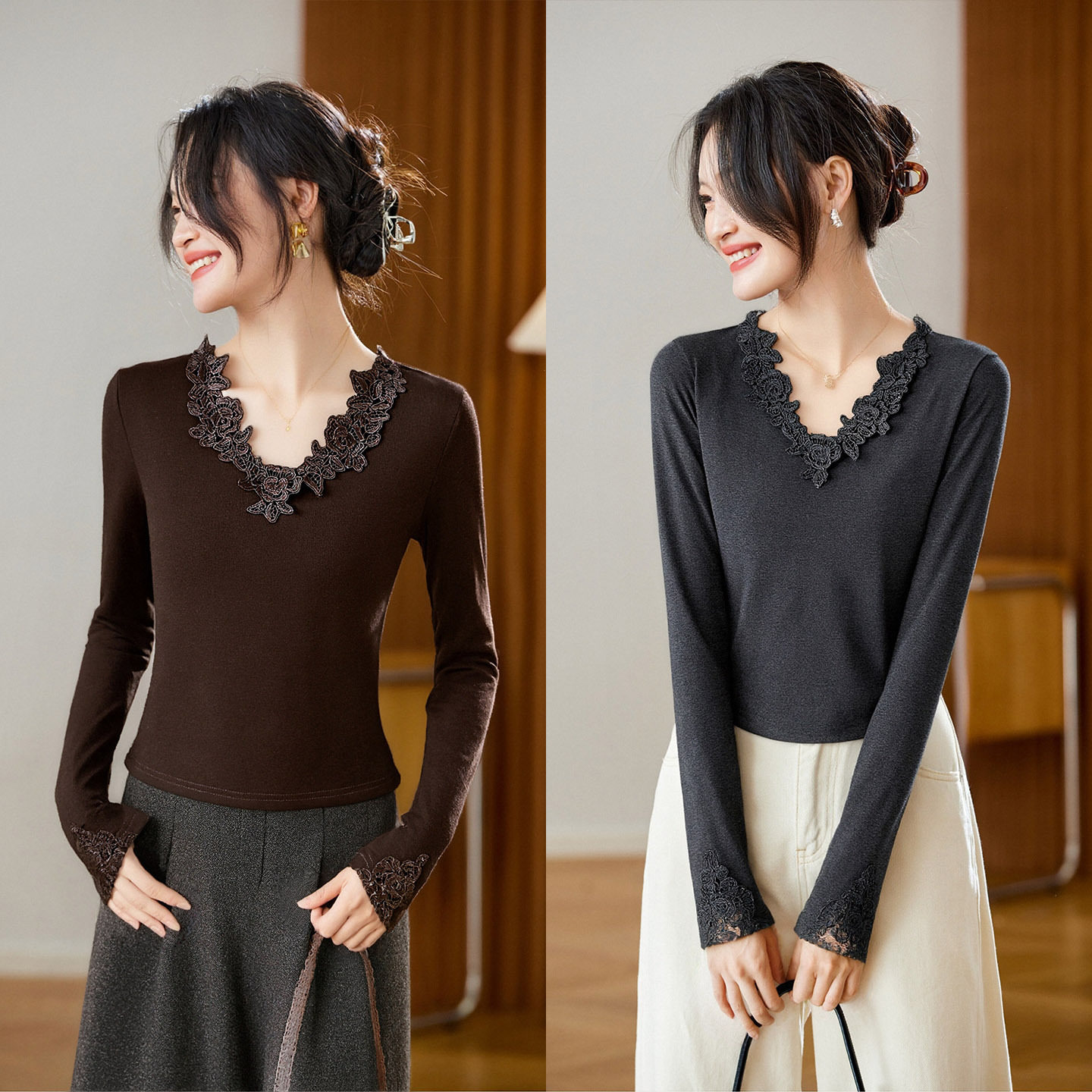 棉茧蕾丝拼接打底衫,女装T恤,可风各