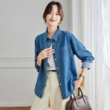可风各牛仔衬衫58039P89K142.4袖口拼格子牛仔衬衫女，女装衬衫，可风各