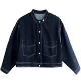 2025早春新款复古立领大口袋小个子休闲宽松慵懒风短款牛仔外套女，女装短外套，可风各