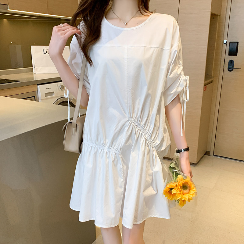 时尚宽松显瘦白色连衣裙女夏季新款韩版气质百搭抽绳收腰短袖裙子，女装连衣裙，可风各