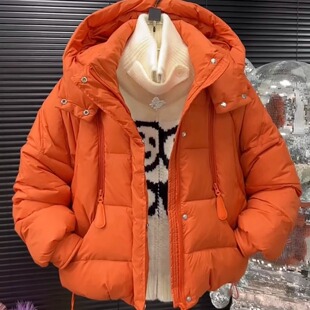 冬季加厚设计感宽松连帽棉衣棉服女时尚橘色欧货新款百搭面包服潮