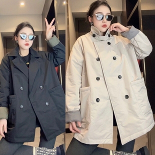 欧货中长款夹棉外套女2026春季新款休闲韩版宽松气质翻领二棉风衣