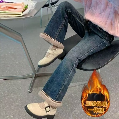 女童加绒加厚2025一体绒秋冬窄版阔腿裤百搭时尚宽松微喇裤