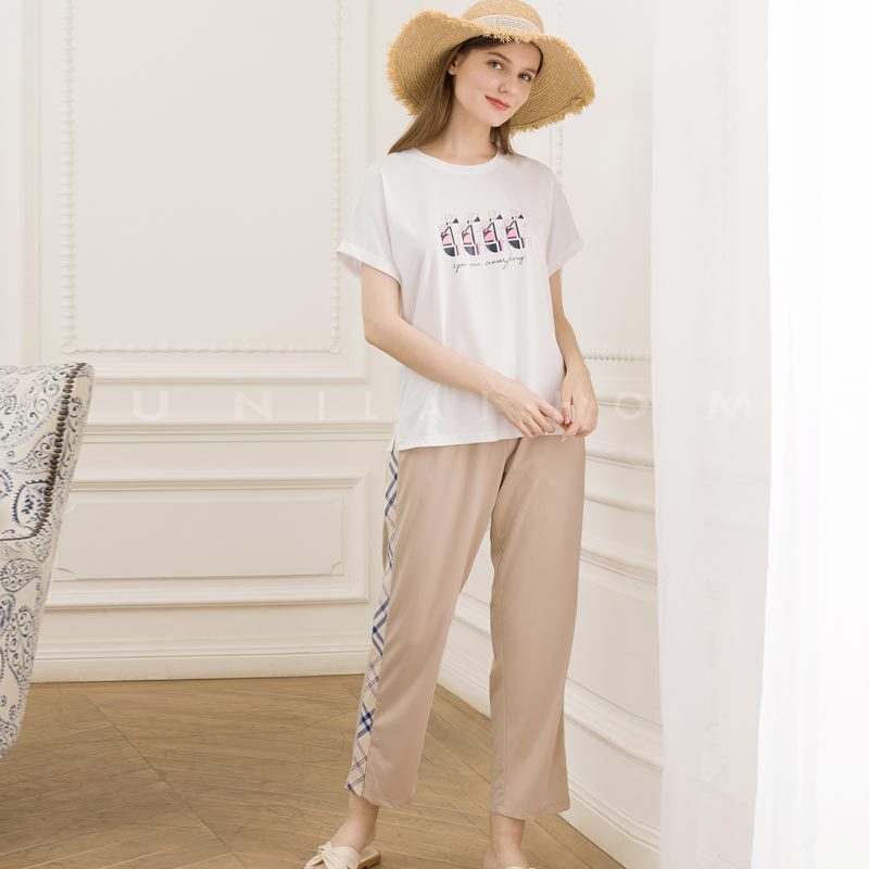 富妮来2025春夏女卡通套头长裤简约动漫薄圆领家居服睡衣F-A6827