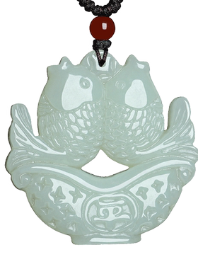 天然新疆吊坠白玉双鱼元宝平安