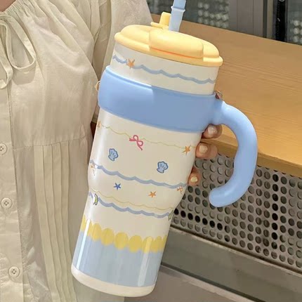 巨无霸保温杯女士高颜值不锈钢内胆吸管冰霸杯大容量茶水分离水壶