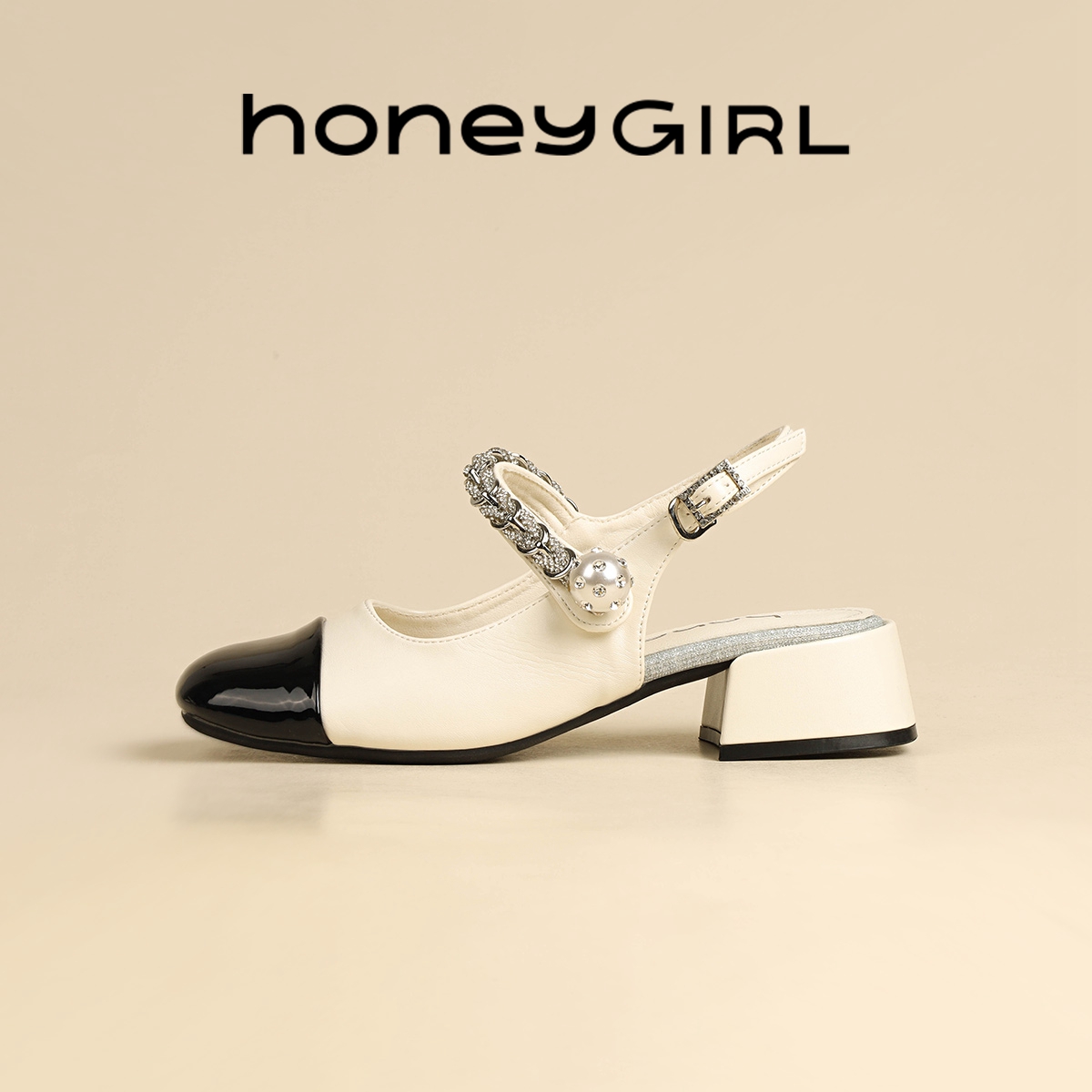 honeyGIRL玛丽珍女鞋2025春季时尚米白色高端平底鞋方头浅口单鞋