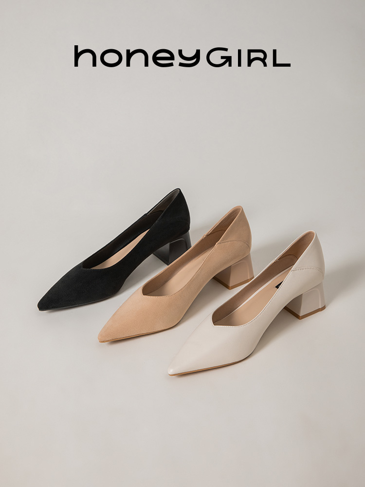 honeyGIRL square root single shoes thick heel pointed toe black high heels women's 2022 spring and summer new white women's shoes
