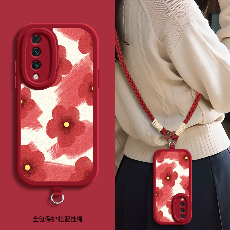 红色花适用荣耀Play6TPro手机壳带挂绳华为Play6T/5活力版play9T保护套麦芒30/11/10/10se硅胶外壳全包防摔