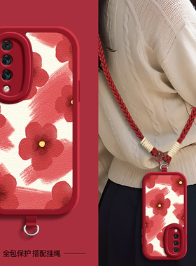 红色花适用荣耀Play6TPro手机壳带挂绳华为Play6T/5活力版play9T保护套麦芒30/11/10/10se硅胶外壳全包防摔