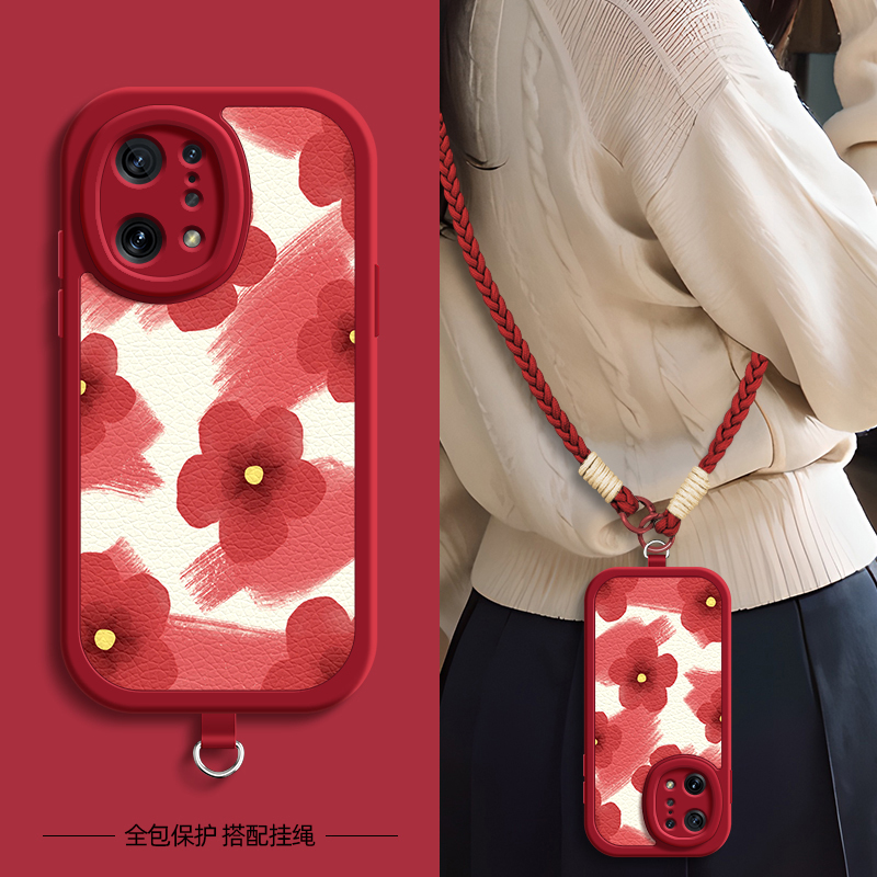 红色花适用OPPOFindx9手机壳带挂绳Findx8pro/7/6/5/3新款Find X7Ultra保护套硅胶外壳全包防摔高级感小众