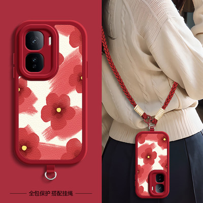红色花适用iqoo15手机壳带挂绳iqooneo11/10pro/9/8/7/6/5/3新款vivoiqoo13/11s保护套vivoiqooneo5S活力版