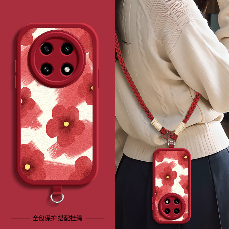 红色花适用OPPOA6pro手机壳带挂绳OPPOA5/3/2新款OPPOA72/53/96/95/93/36/35/55/56/11/9x/97保护套硅胶