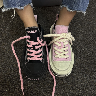 男潮 女开口笑做旧板鞋 歪牌设计师Crooked Card黑粉厚底方头帆布鞋