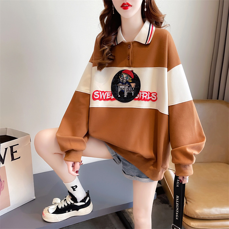 임부복 가을 의류 여성용 연령 감소 폴로 칼라 스웨트셔츠 트렌디한 엄마를 위한 얇은 2023 새로운 캐주얼 루즈 봄 가을 상의