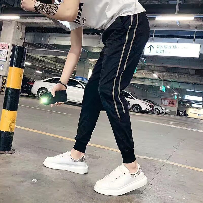 夏季薄款冰丝速干休闲裤男潮流修身弹力九分运动裤痞帅百搭小脚裤