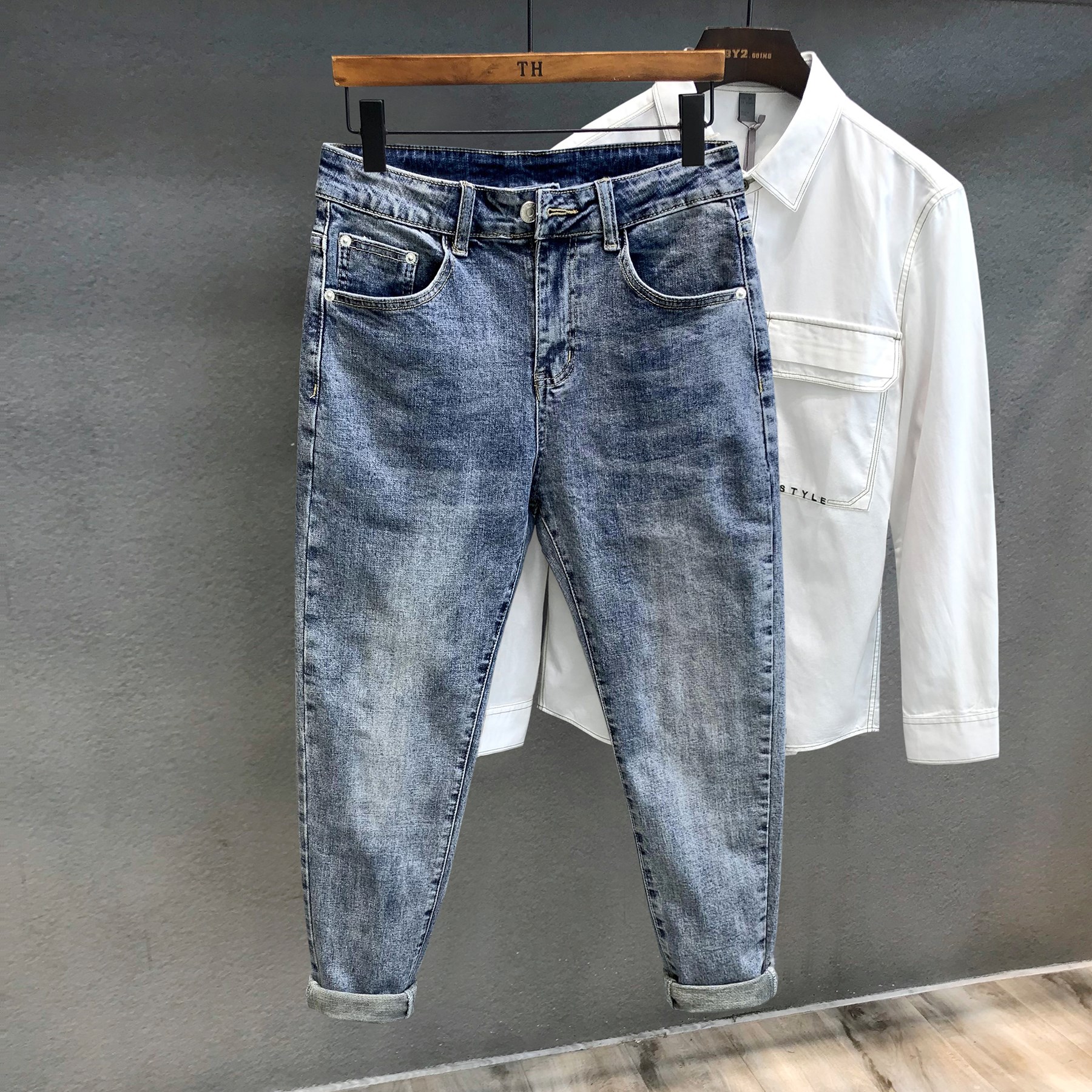 九分潮牌韩版修身精神小伙牛仔裤