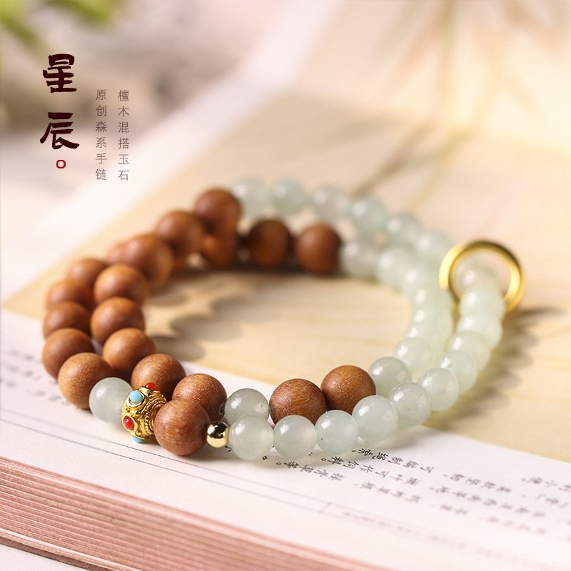 进口原创金丝檀/绿檀木DIY念珠创意混搭水晶森系文艺风女双圈手链