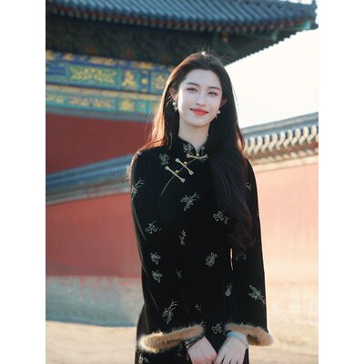 进口【雨墨】2025新款新中式假两件改良旗袍女秋冬款连衣裙过新年