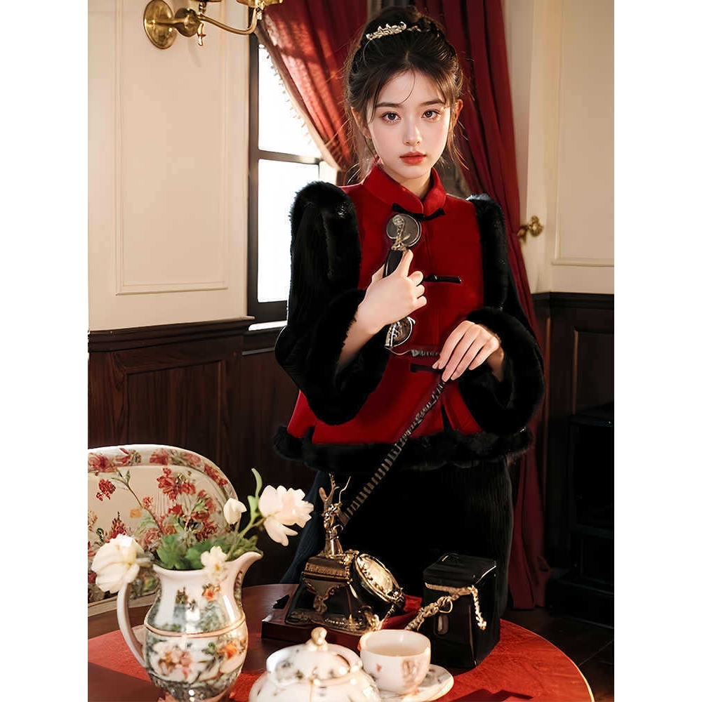 进口新中式2025秋冬季旗袍国风唐装拜年服黑色战袍成人加绒加厚女