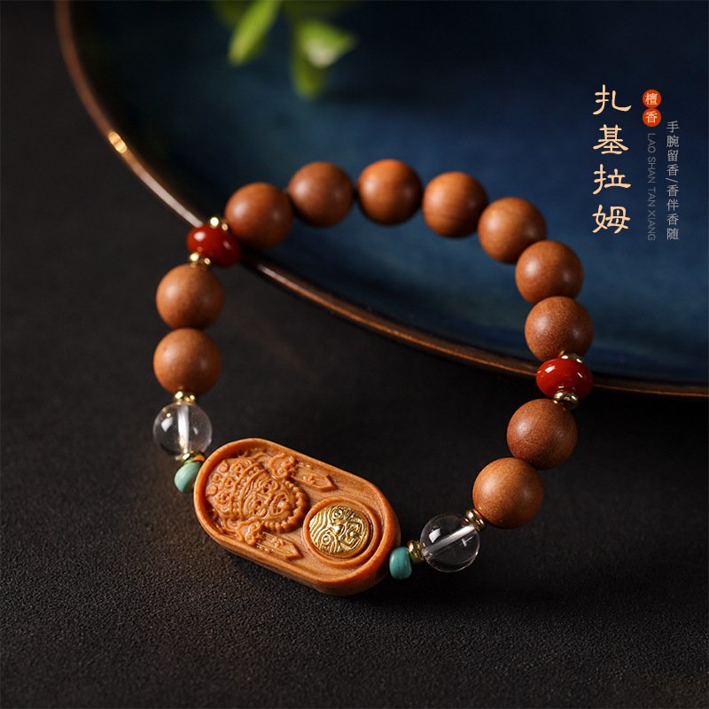 进口原木老料香韵老山檀香圆珠手串文玩雕刻扎基拉姆手牌白水晶女