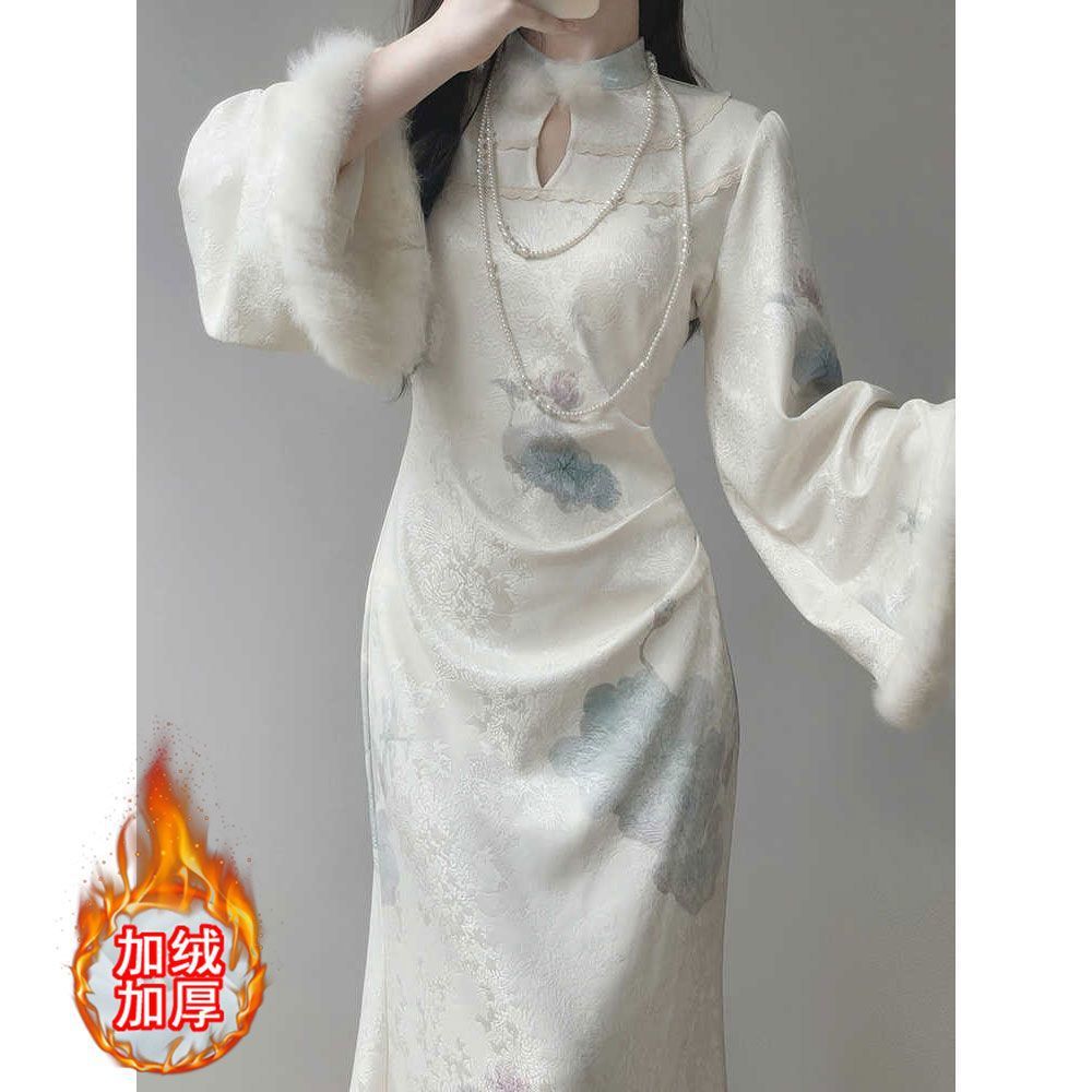 进口超好看原创旗袍新款2025国风改良新中式女秋冬修身鱼尾连衣裙