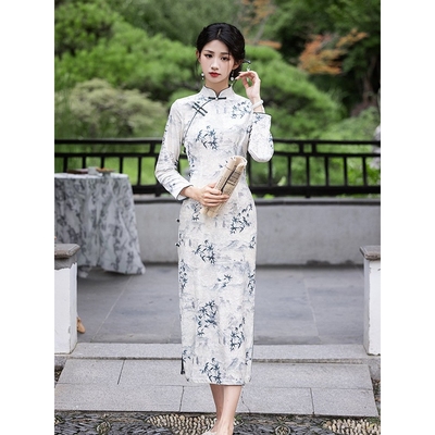 进口长袖改良素雅旗袍2025秋季复古民国风优雅丝绒印花气质连衣裙