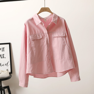 JYL585春季新款短款减龄粉色大口袋棉质衬衫女时尚休闲宽松BF上衣