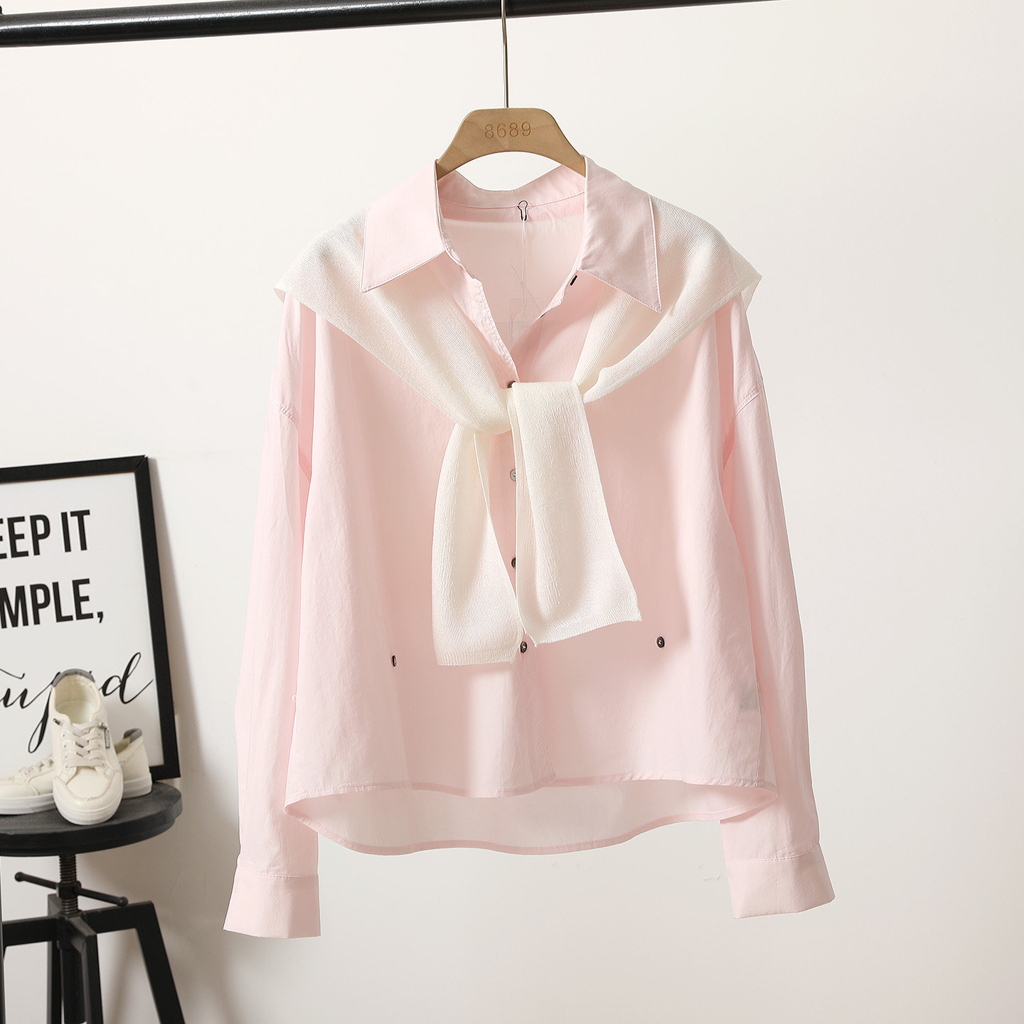 WEILIAN 春装新款薄款两件套宽松樱花粉长袖衬衫女韩系侧纽扣上衣