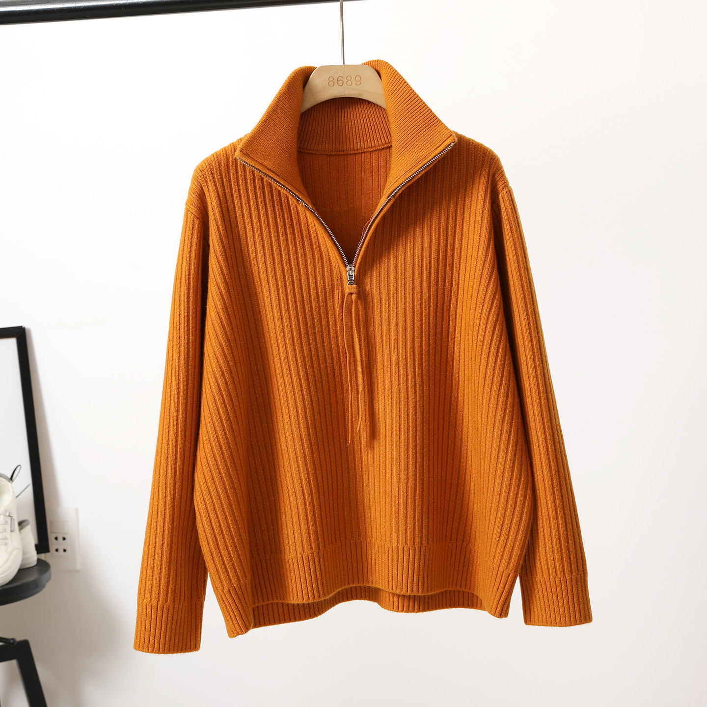 高领韩版宽松拉链毛衣针织衫女