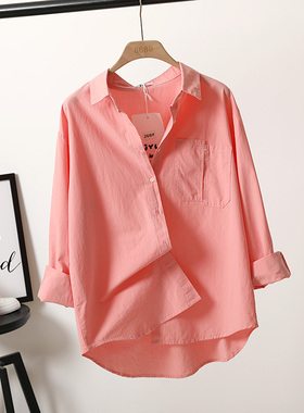 2023春新款JYL268#粉红色纯棉个性拼接口袋衬衫女宽松小个子上衣
