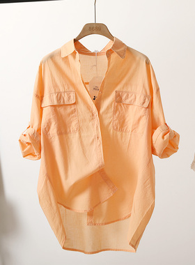 JYL9927 夏季新款中长款薄款纯棉衬衫女宽松五分袖可挽起防晒衬衫