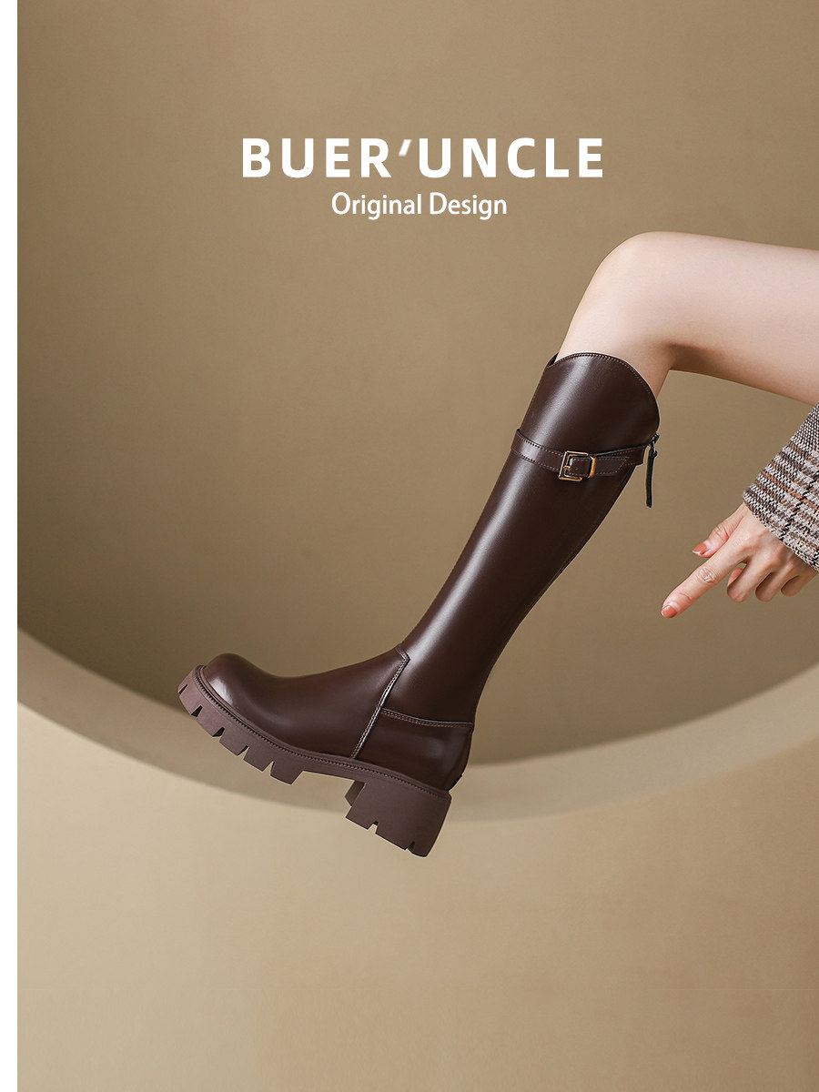 가죽 [FUER SHOE SHOP] 여성용 롱 부츠 2024 신작 가을 겨울 V 입 슬림 나이트 부츠 하이 부츠