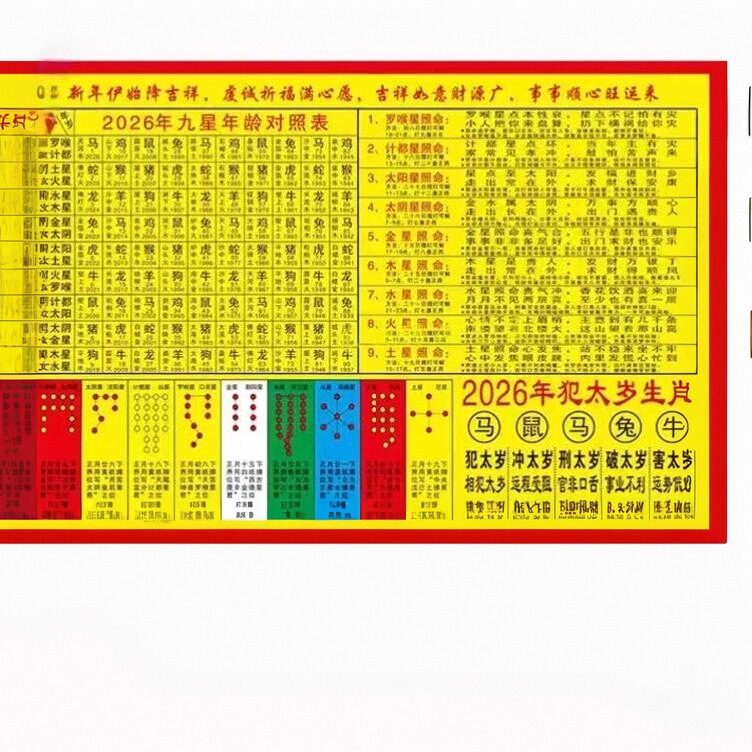 2026年九星年龄对照表 马年马鼠蛇牛纸质版十二生肖对照表无塑封