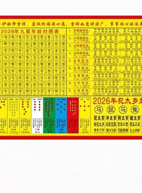 2026年九星年龄对照表 马年马鼠蛇牛纸质版十二生肖对照表无塑封