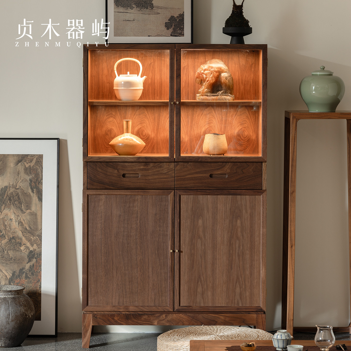 贞木器屿北美黑胡桃木茶空间装饰储物柜客厅展示柜书房实木收纳柜,住宅家具,家用陈列柜,淘宝优惠券,粉丝福利购,淘宝优惠卷