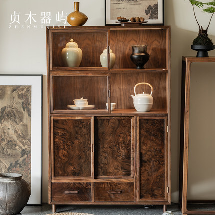 贞木器屿茶空间储物柜北美黑胡桃木装饰柜客厅展示柜收藏品收纳柜