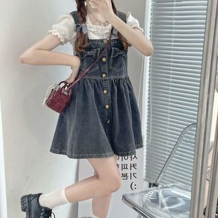 減齡氣質法式 薄款 大碼 收腹顯瘦百搭連衣裙 牛仔背帶短裙女2025夏季