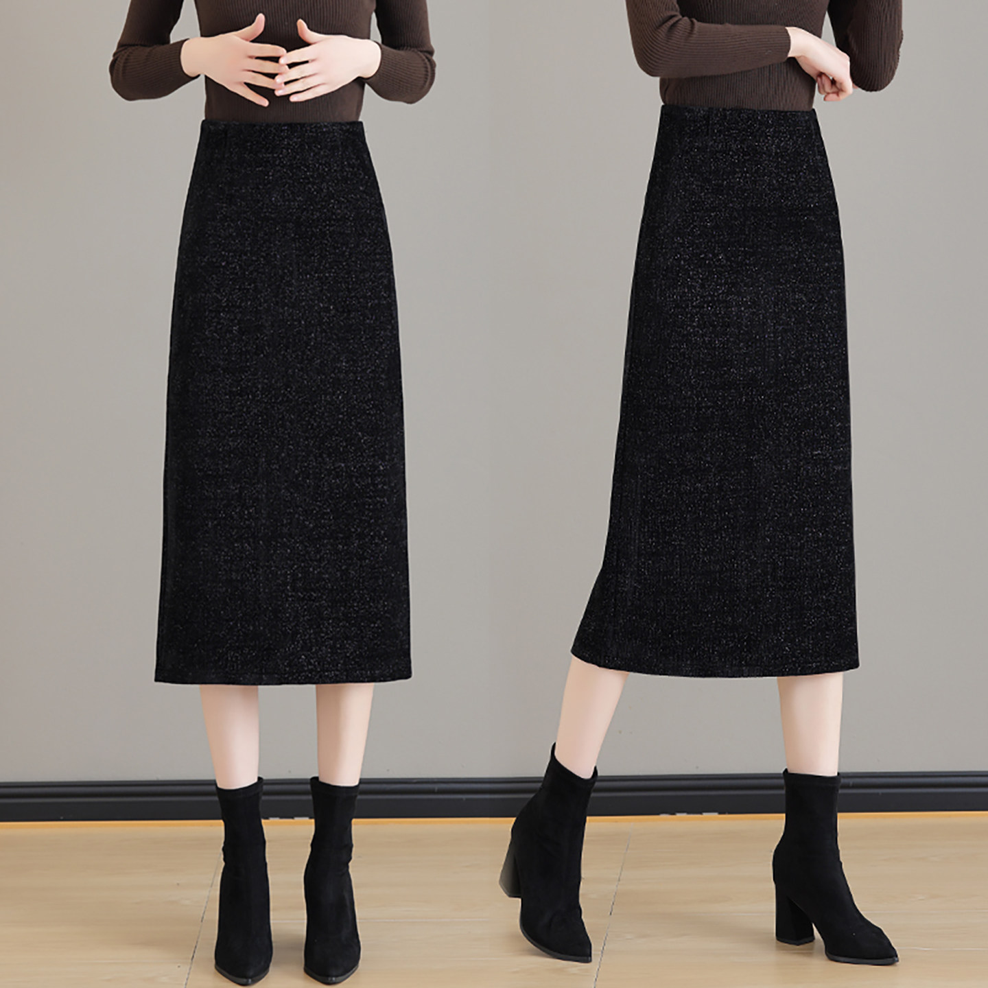 黑色小香风半身裙女2025秋冬季新款高腰亮片中长款开叉一步包臀裙
