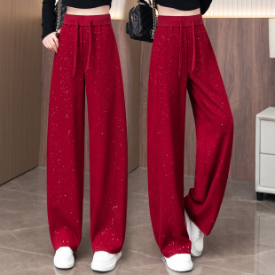 宽松百搭运动卫裤 高腰显瘦休闲镰刀裤 女春款 中国红烫钻弯刀阔腿裤