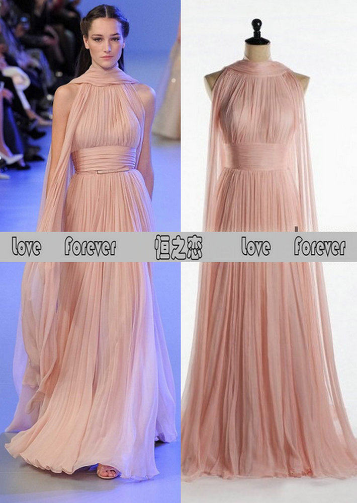 2018年春夏新款Elie Saab 实物照片飘逸挂脖无袖坠地婚礼伴娘礼服