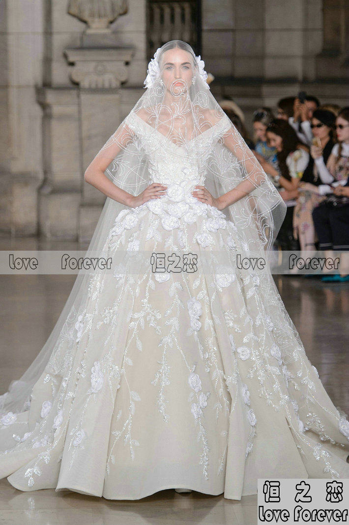 性感v领公主裙撑蓬蓬裙手工花婚纱礼服2017秋冬款georges hobeika