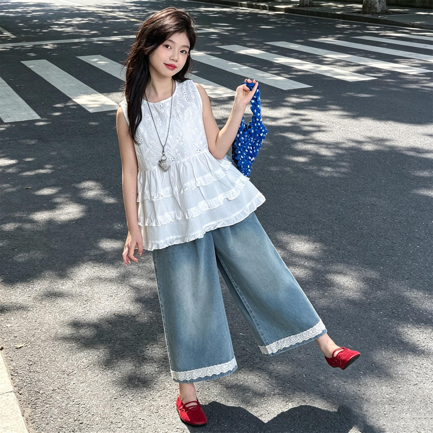 女童夏季甜美荷叶边阔腿裤两件套