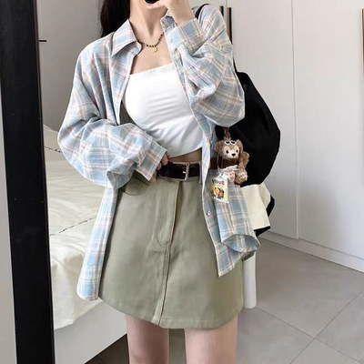 防晒长袖格子衬衫夏季复古宽松时尚中长款衬衣外穿开衫女装chic潮