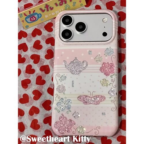 粉色闪钻扶桑花蝴蝶简约ins手机壳17promax保护iphone15女iPhone16pro双层iphone16卡通iPhone17苹果15pro