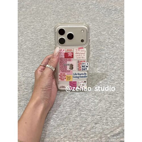 韩系英文便签拼贴小猫适用苹果17p双层iphone16亮面15透明手机壳17pro双层iphone16卡通iPhone17苹果15pro