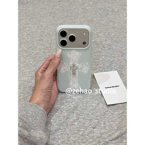 轻奢薄荷绿蕾丝十字架适用苹果17p双层iphone16亮面15防摔手机壳17pro双层iphone16卡通iPhone17苹果15pro